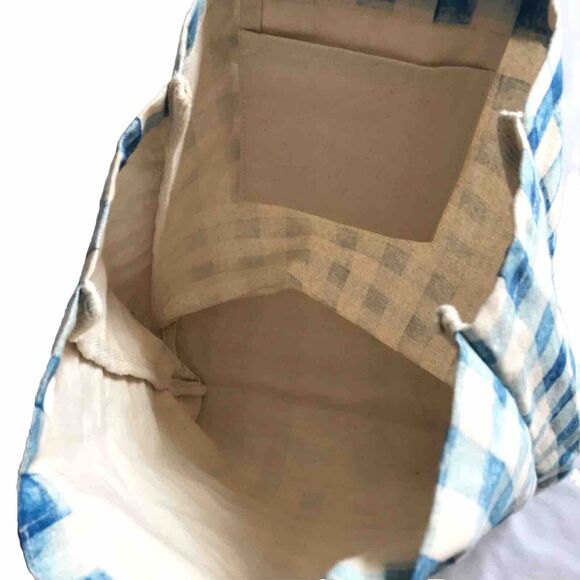 Utility Shoulder Tote Bag Blue & Ivory White Gingham Check Plaid Fabric Canvas - Picture 5 of 5